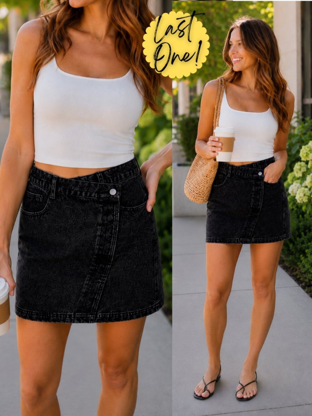 Halle Black Denim Criss Cross Mini Skirt | Women's High Rise Acid-Wash Bottoms